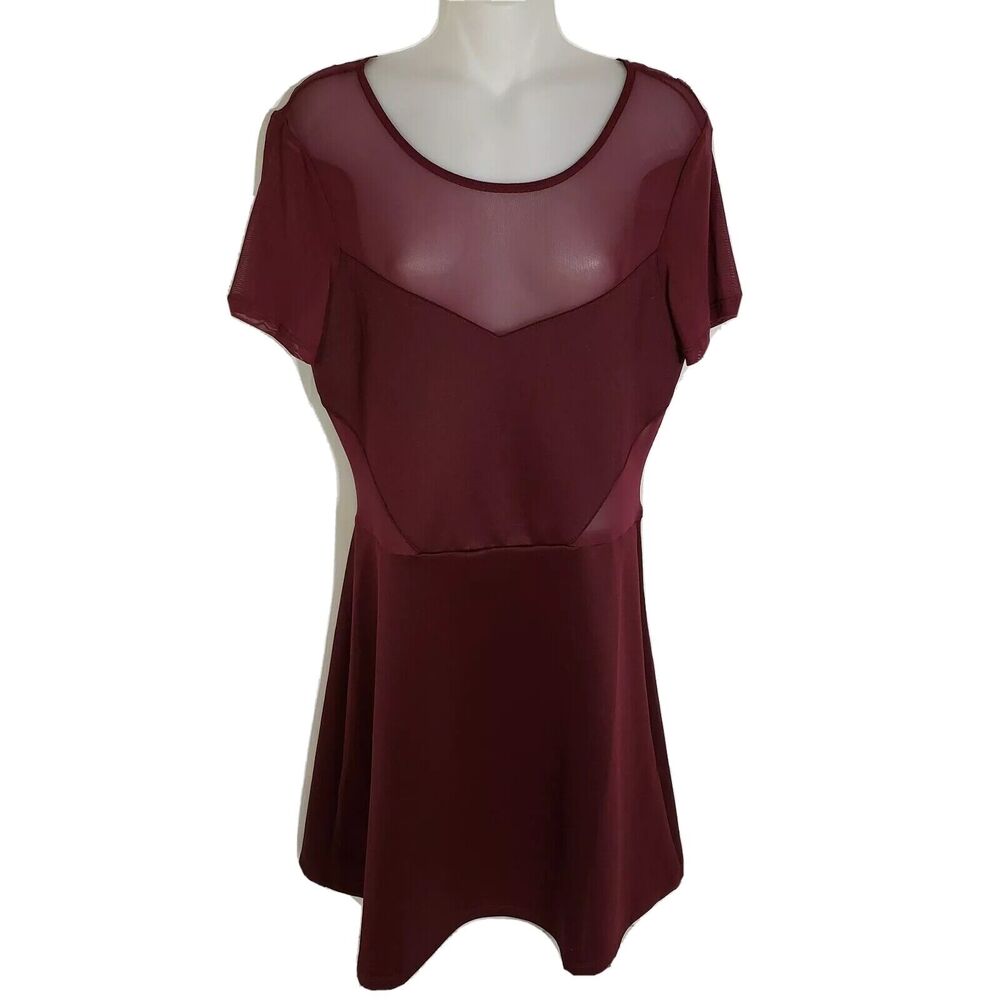 Divided H&M Women Dress 12 Maroon Fit & Flare Mesh Sheer Short Sleeve Above Knee
